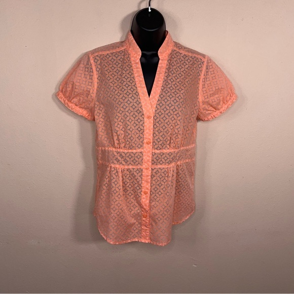 Small Attention Orange Peach Short Sleeve Blouse  Collared Boho Print Semi Sheer - Picture 11 of 12